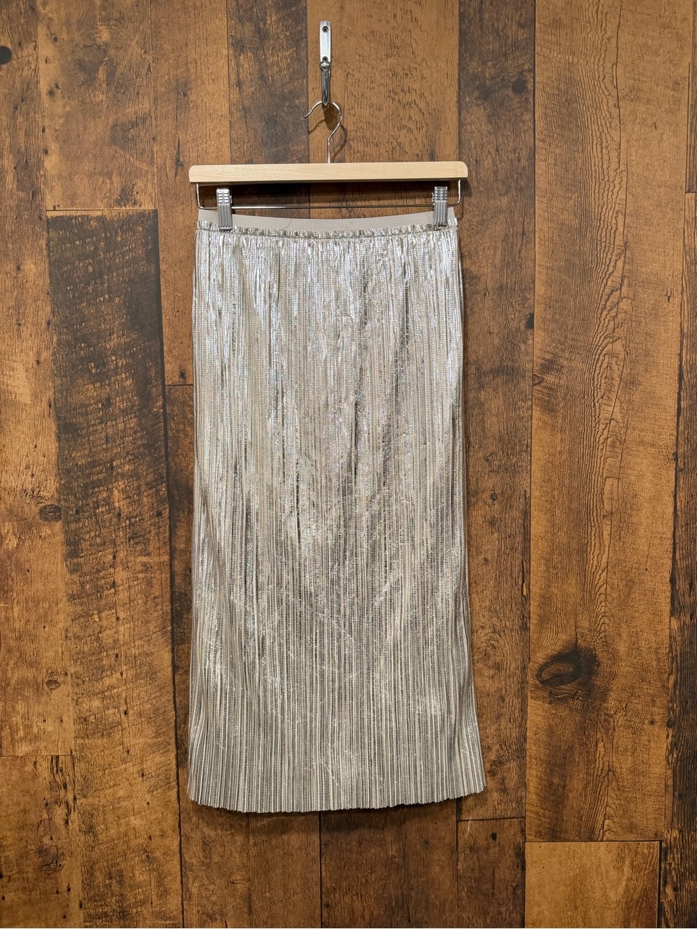 Maeve by Anthropologie Metallic Silver Pleated Midi Skirt size 0 EUC